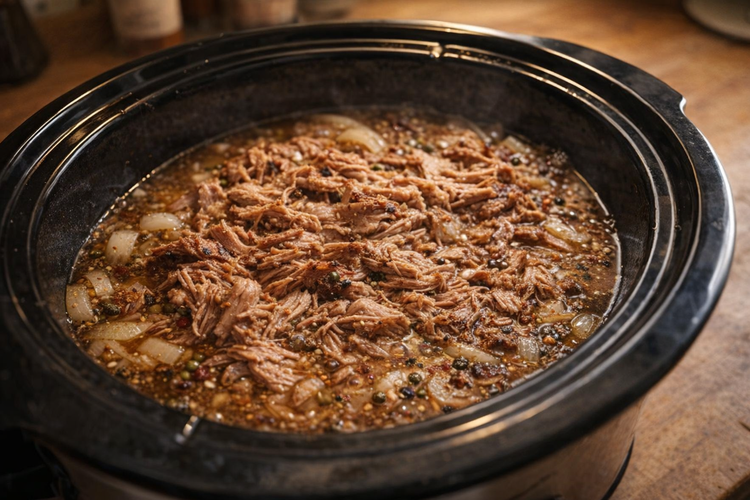 An overhead shot of shredded pork in a slow cooker, surrounded by simmering liquid, onions, and spices, warm incandescent lighting